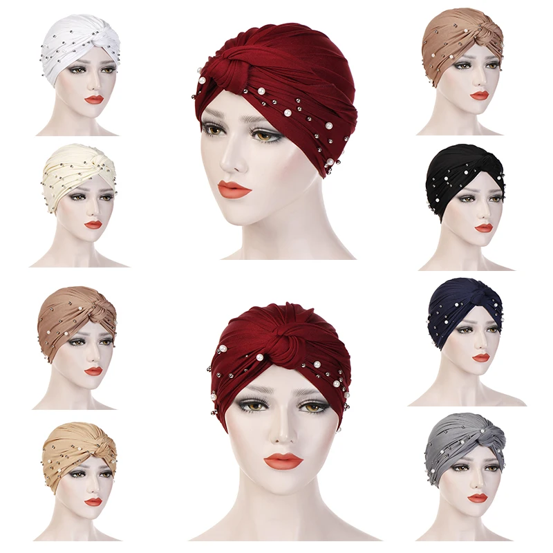 

NEW Women Elastic Turban Muslim Hijab Islamic India caps Beads Chemo Caps Ladies hijab Scarf Headwraps knotted Muslim Turban