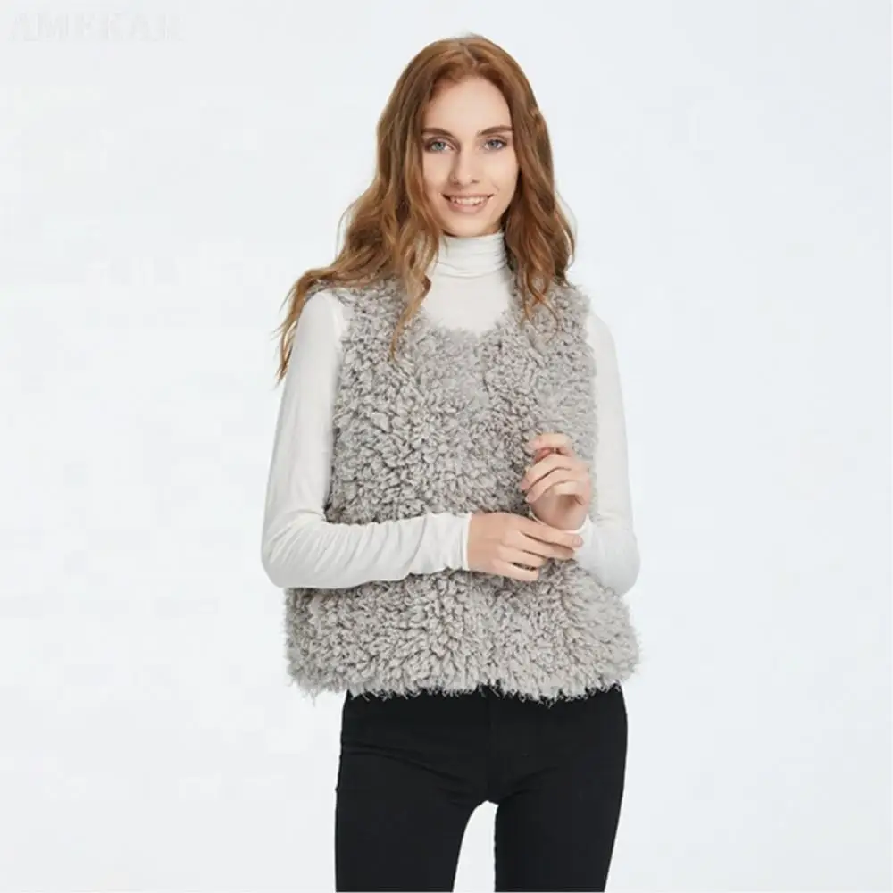 Women Real Fur Lined Shaggy Vest Pure Color Warmth Sleeveless Plus Size Coat Winter Leisure Zipper Real Fur Coats