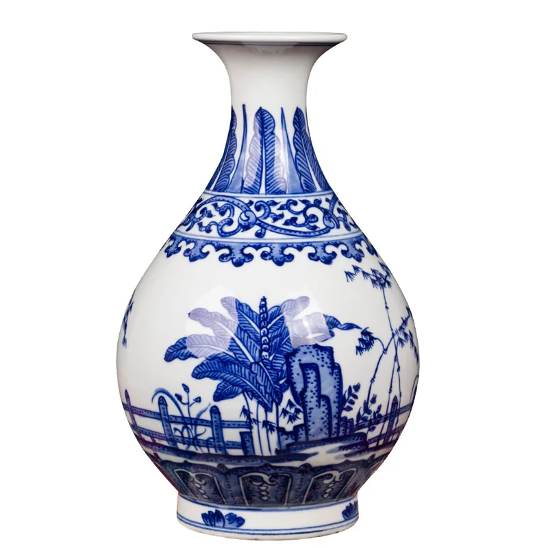 

Цзиндэчжэнь, сине-белый фарфор, ручная роспись, античная цианьдлинная ваза, украшение для гостиной, Цветочная композиция для вина, ваза для ...