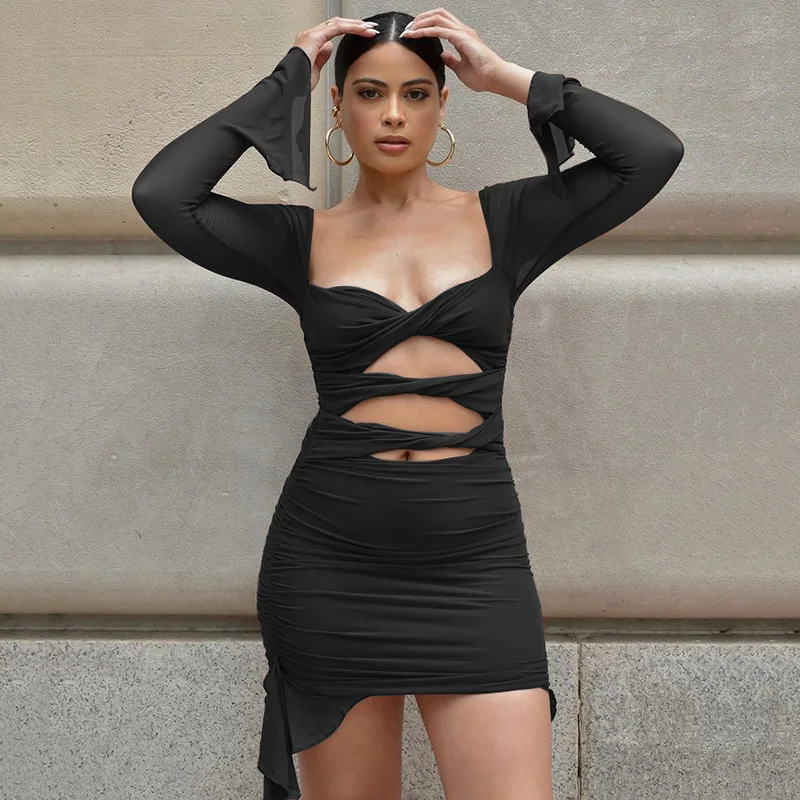 Europe And America Hollow Out Skirt New Fashion Sexy Perspective Long Sleeve Short Dress