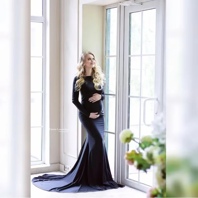 New Long Sleeve Maternity Dresses Fitted Pregnancy Dress Photo Shoot Maxi Maternity Baby Shower Photography Mermaid Gown