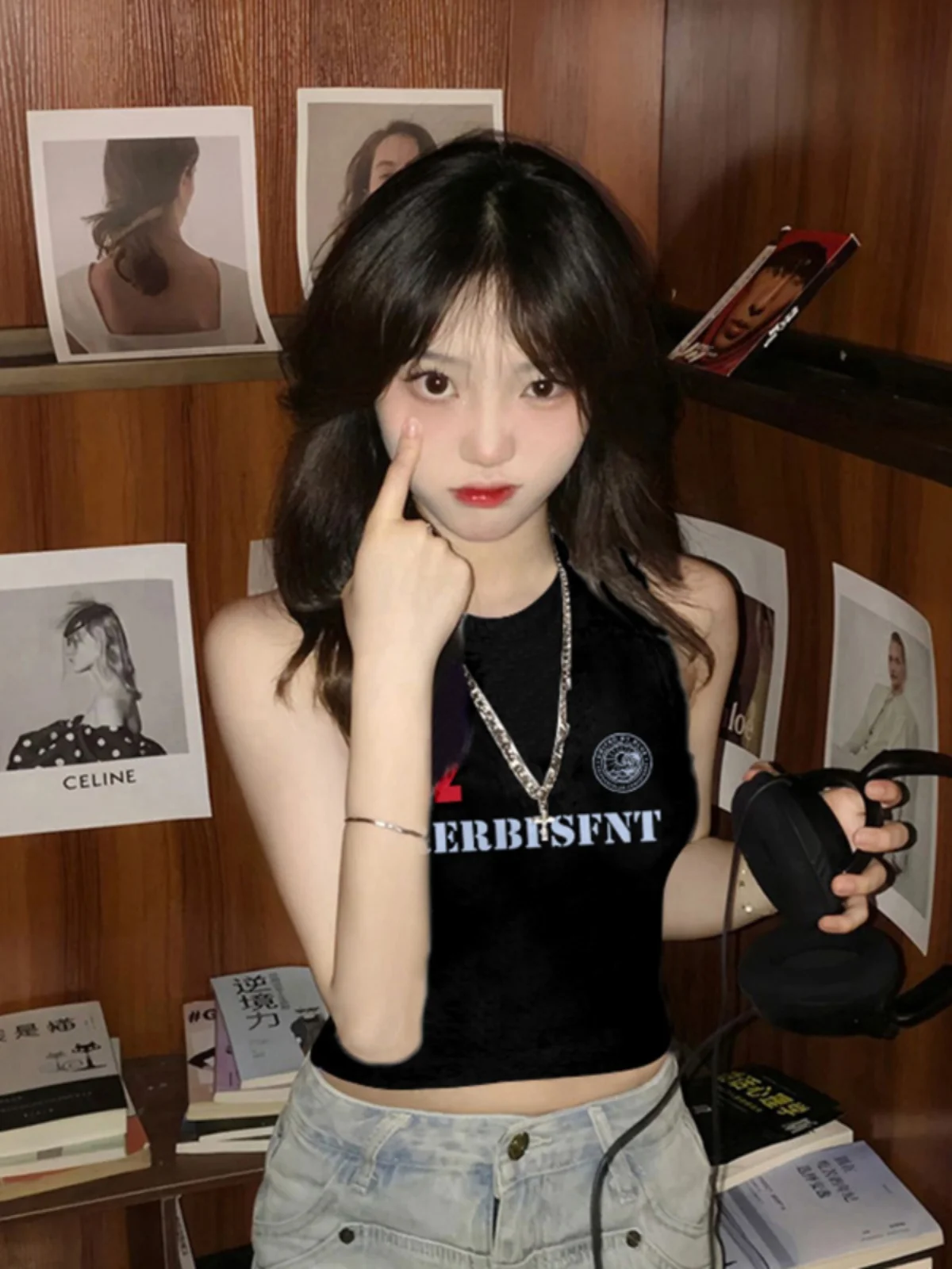 Женский короткий топ без рукавов Gyaru черный Уникальный Шикарный с завышенной