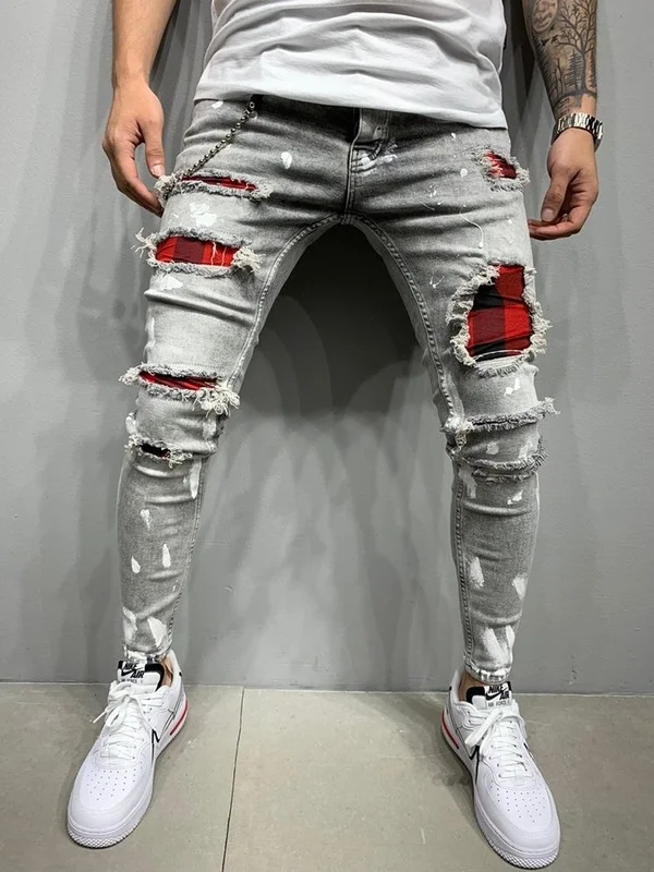 Men Quilted Embroidered Jeans Skinny Jeans Ripped Grid Stretch Denim Pants MAN Elastic Waist Patchwork Jogging Denim Trousers