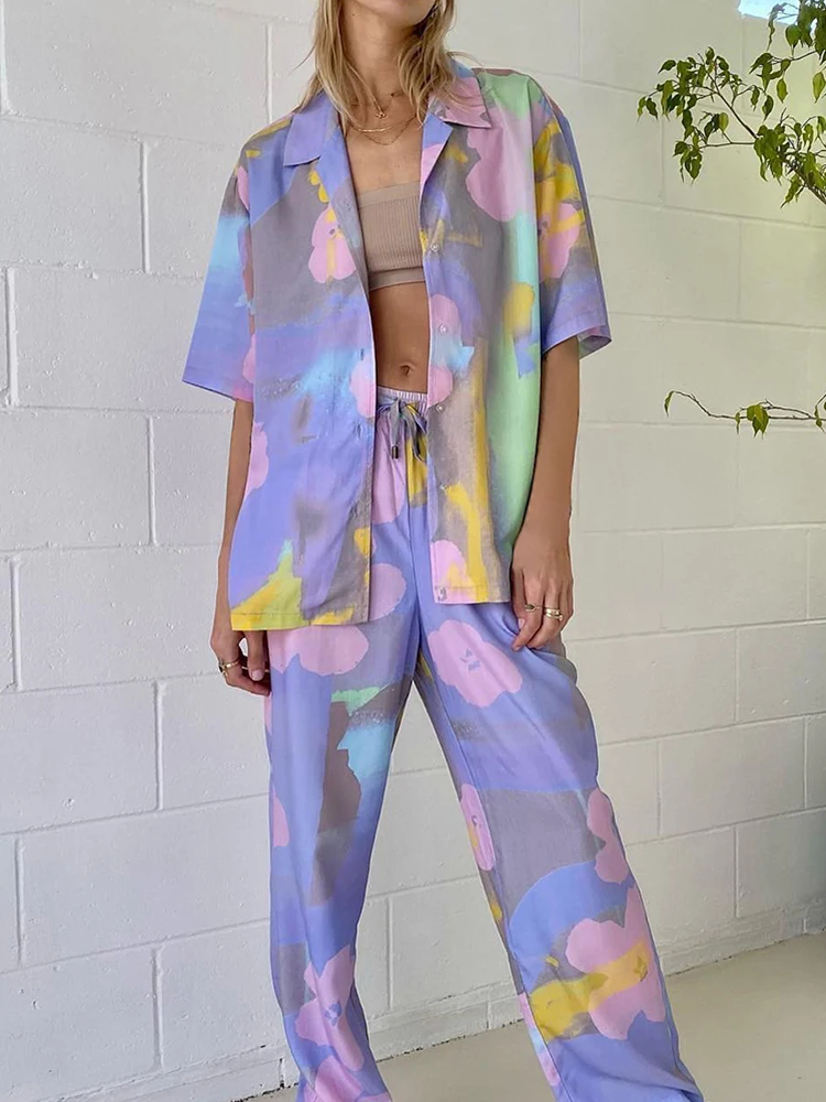 

Linad Print Women's Home Clothes Loose Short Sleeve Pajamas 2 Piece Sets Casual Trouser Suits 2022 Summer Female Sleepwear