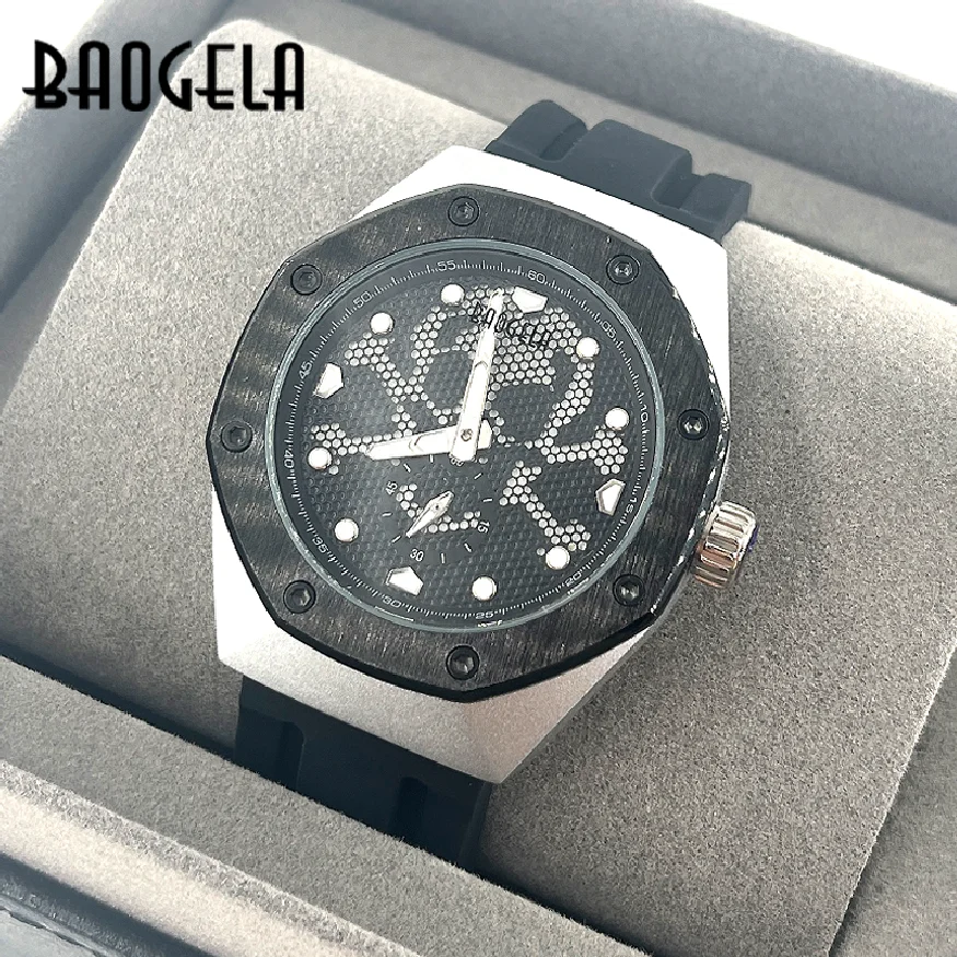 

BAOGELA New Skeleton Quartz Watches Men Sports Army Military Wristwatch Luminous Waterproof Silicone Band Man1901 BLACK White