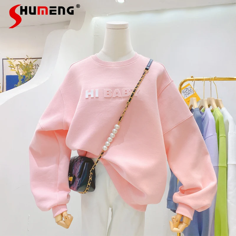 

Korean 2022 Spring New Female Simple Versatile Slimming Hoodie Women's Fashion Crew Neck Pullover Sweatshirt Ins Lazy Style Top