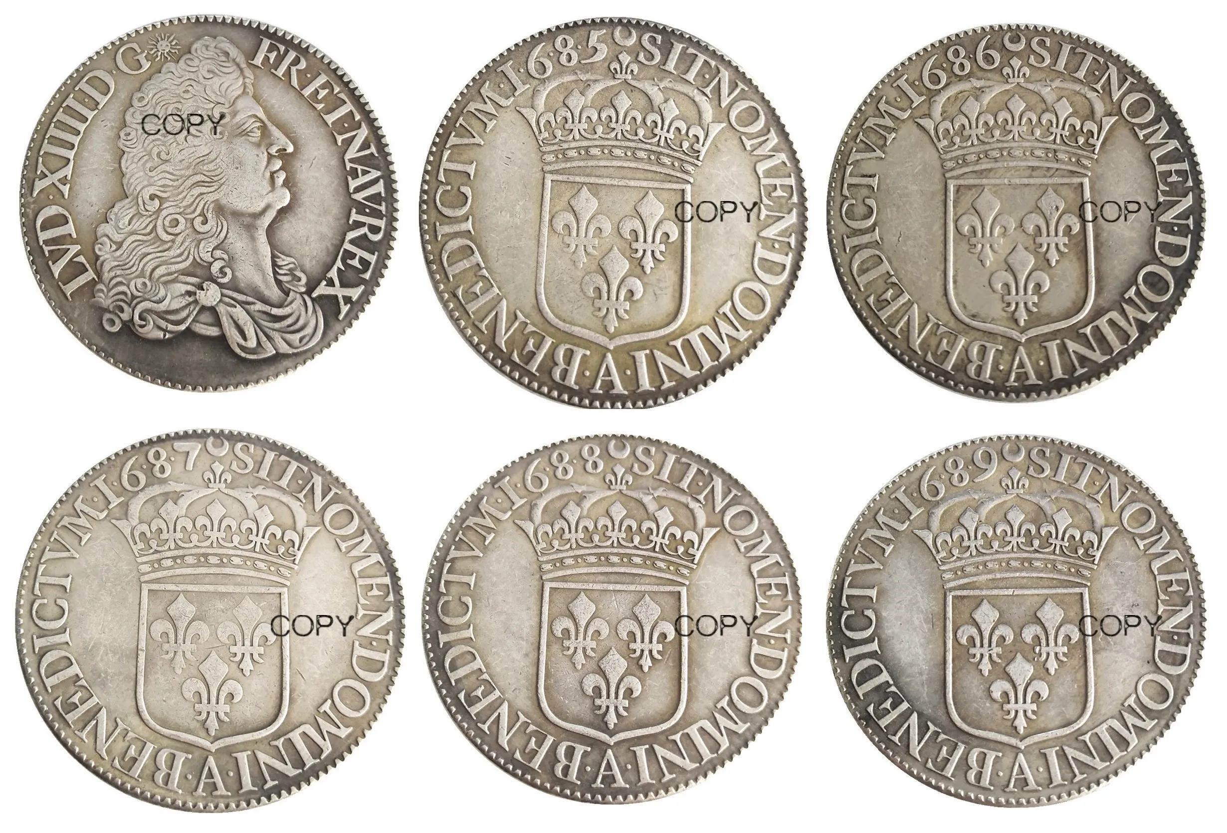 

Копировальные монеты с серебряным покрытием, Франция, 1685-1689, 5 шт.