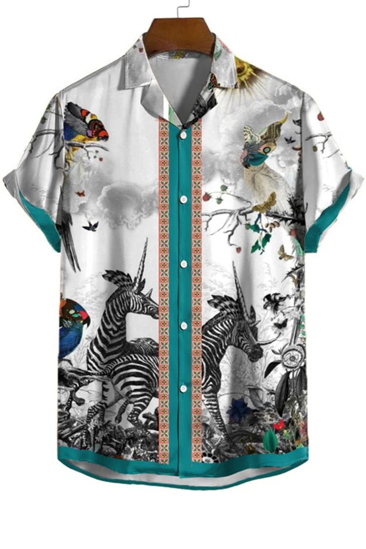 

2023 New Men's Shirt Short Sleeve T-shirt Cuban Fashion Animal Print Shirt Casual Polo Collar Social Hawaiian Shirt Summer Men's