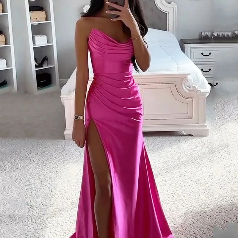 

LIYONG Women Maxi Dress Fashion Chest Wrapping Pleated Solid Sleeveless Slim Nipped Waist Evening Party Dresses High Streetwear