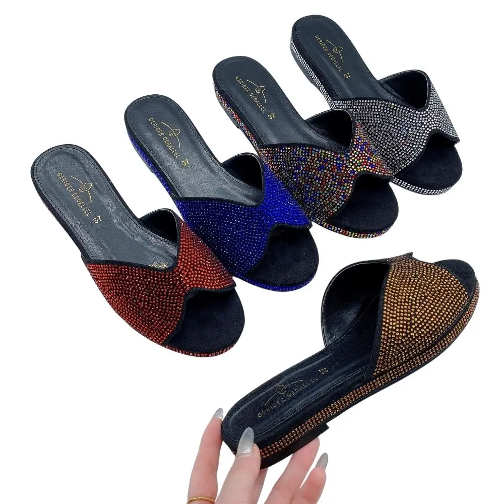 Shiny Women Shoes for Lady 2023 Adult Slippers Comfy Flats Bling Bling Rhinestone Silvery Gold Blue Red Walking Flat Slippers