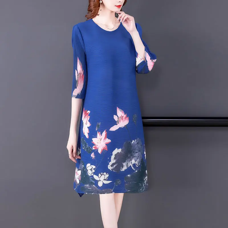 

Модное плиссированное платье в этническом стиле с принтом, сезон весна-лето 2022, высококлассное свободное платье большого размера в иностра...