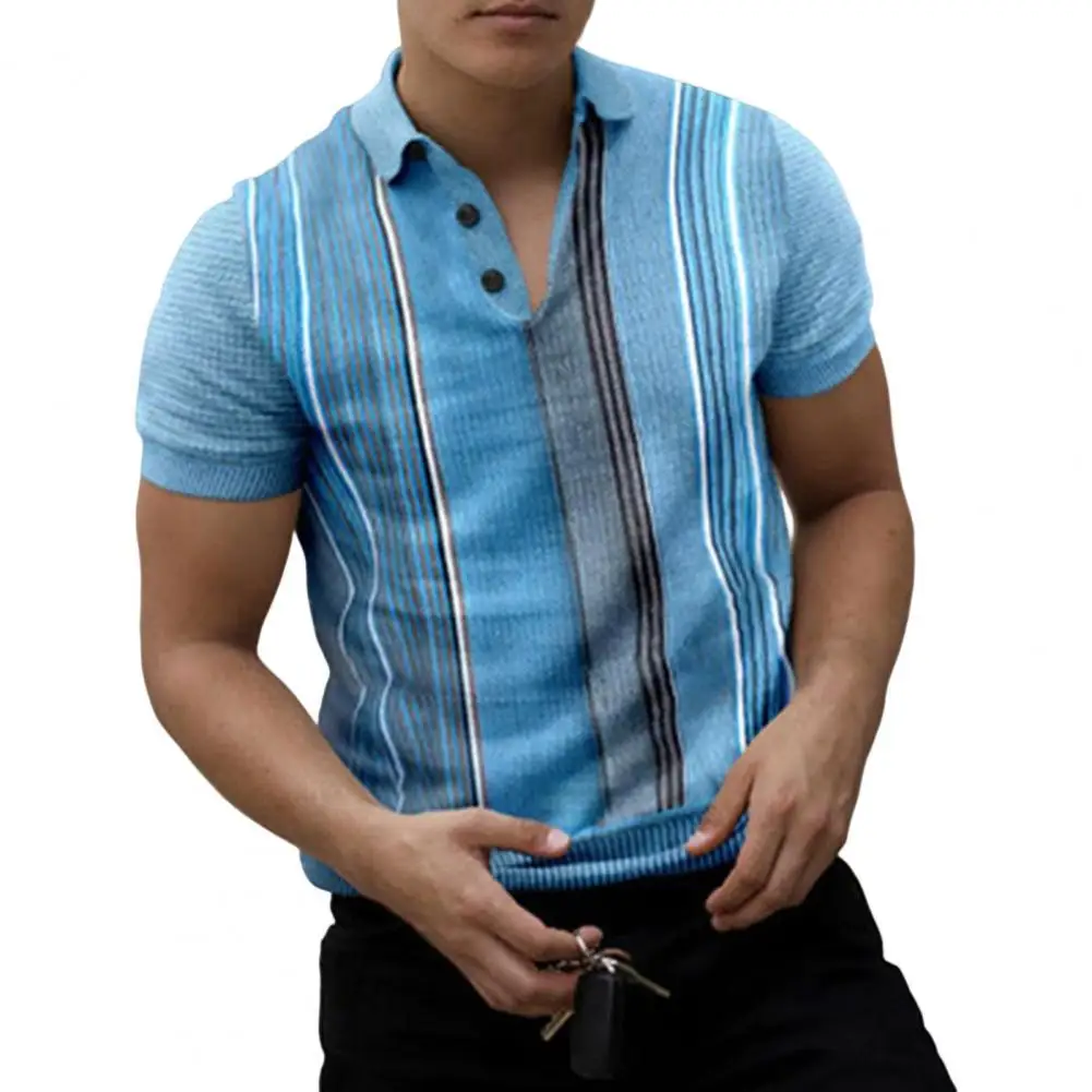 

Men Shirt Blouse Men Summer Casual Short Sleeves Contrast Color Stripe Print Turn-down Collar Summer Tops Shirts For Men