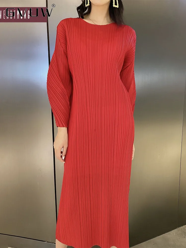 

GVUW 2023 Autumn New Pleated Dress For Women Fashion O-neck Bubble Sleeve Solid Color Elegant Evening Dresses Female 17G2201