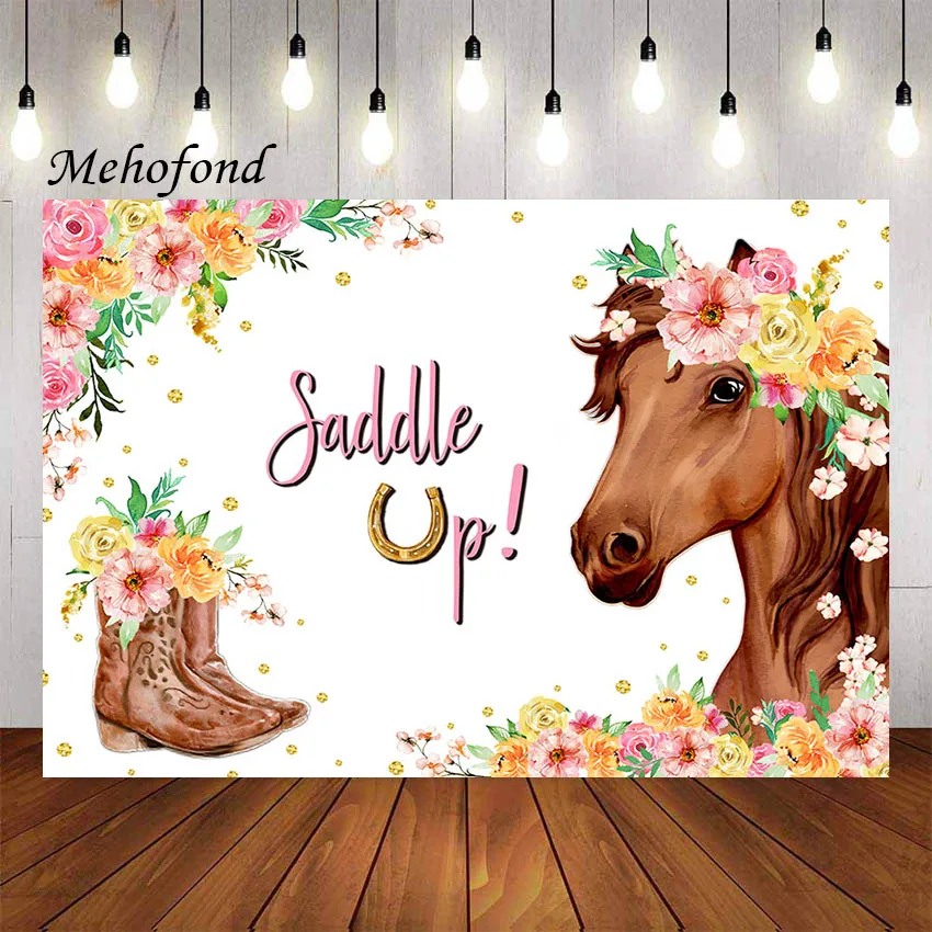 

Фон для фотосъемки Mehofond седло вверх ковбойская лошадь день рождения розовый цветочный ковбошник Западная вечерние НКА Декор Фотофон для ст...