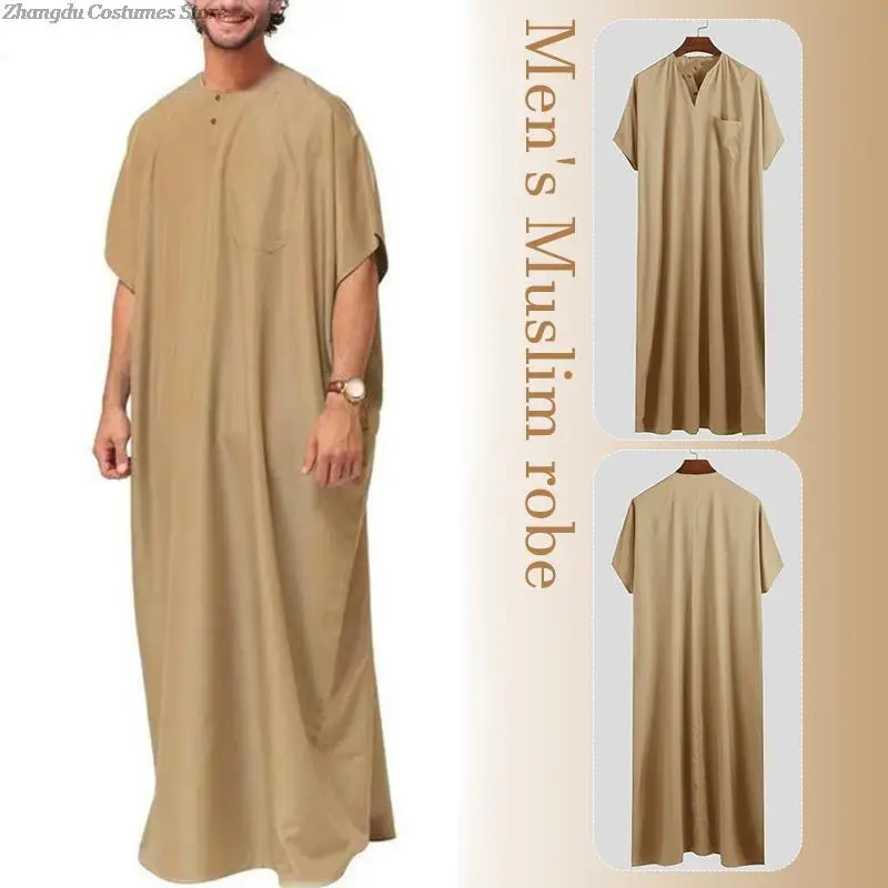 Men Vintage Short Sleeve Loose Muslim Kaftan Robes Jubba Thobe Men Saudi Arabia Abaya Dress Middle East Arabic Clothes
