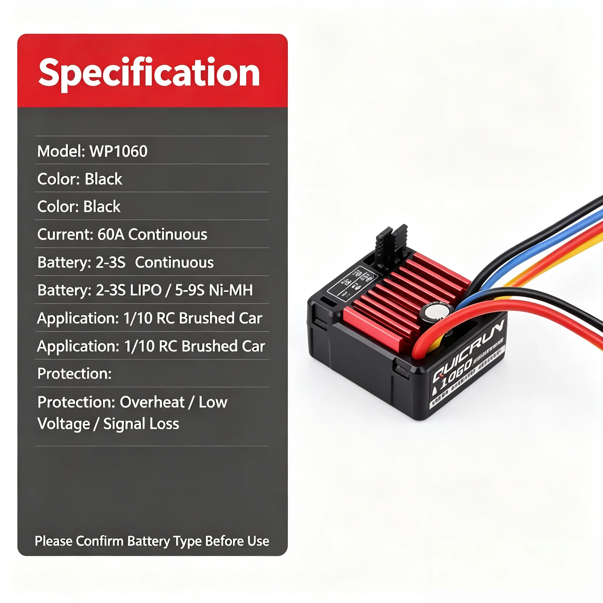 Фото HobbyWing QuicRun WP‑1060 60A водонепроницаемый ESC для коллекторных двигателей 2‑3S Lipo с BEC 6V/3A для радиоуправляемых моделей 1/10: краулеров, багги, монстер-траков, танков. №2