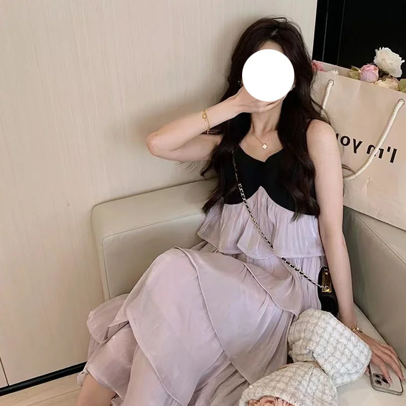 

Женское платье на бретельках, длинное платье контрастных цветов с V-образным вырезом, платье для ленивых во французском стиле, весна-лето 2023