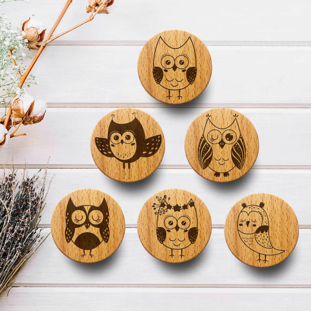 

New Engraved Cute Owl Wooden Drawer Knob Boho Nursery Cabinet Pulls Nature Wood Coat Hook Children's Room Furniture Handles