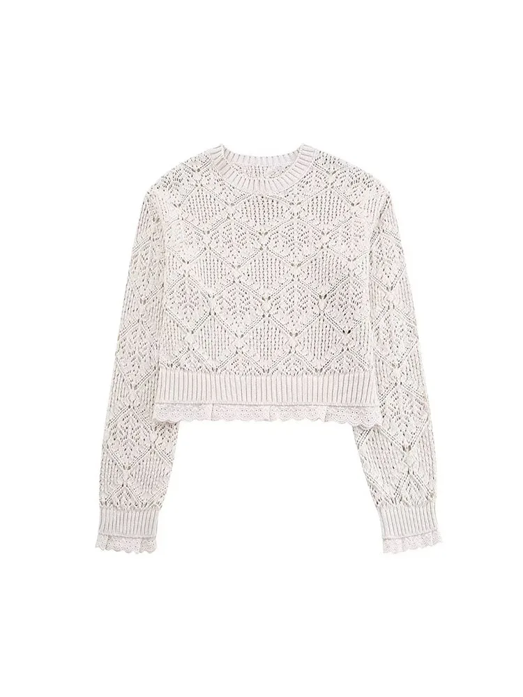 

PB&ZA Women New Summer Fashion Lace Patchwork Knitwear Top Retro Long-Sleeved O-Neck Casual Chic Female Sweater Pullover Mujer