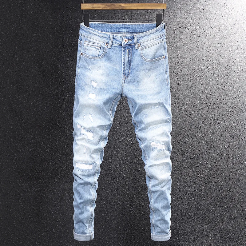 Italian Style Fashion Men Jeans Retro Light Blue Slim Fit Patched Ripped Jeans Men Vintage Designer Stretch Denim Pants Hombre