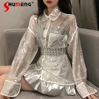 2022 spring new woman blingbling glitter mid length shirts white single breasted long sleeve clothes top fashion women blouses