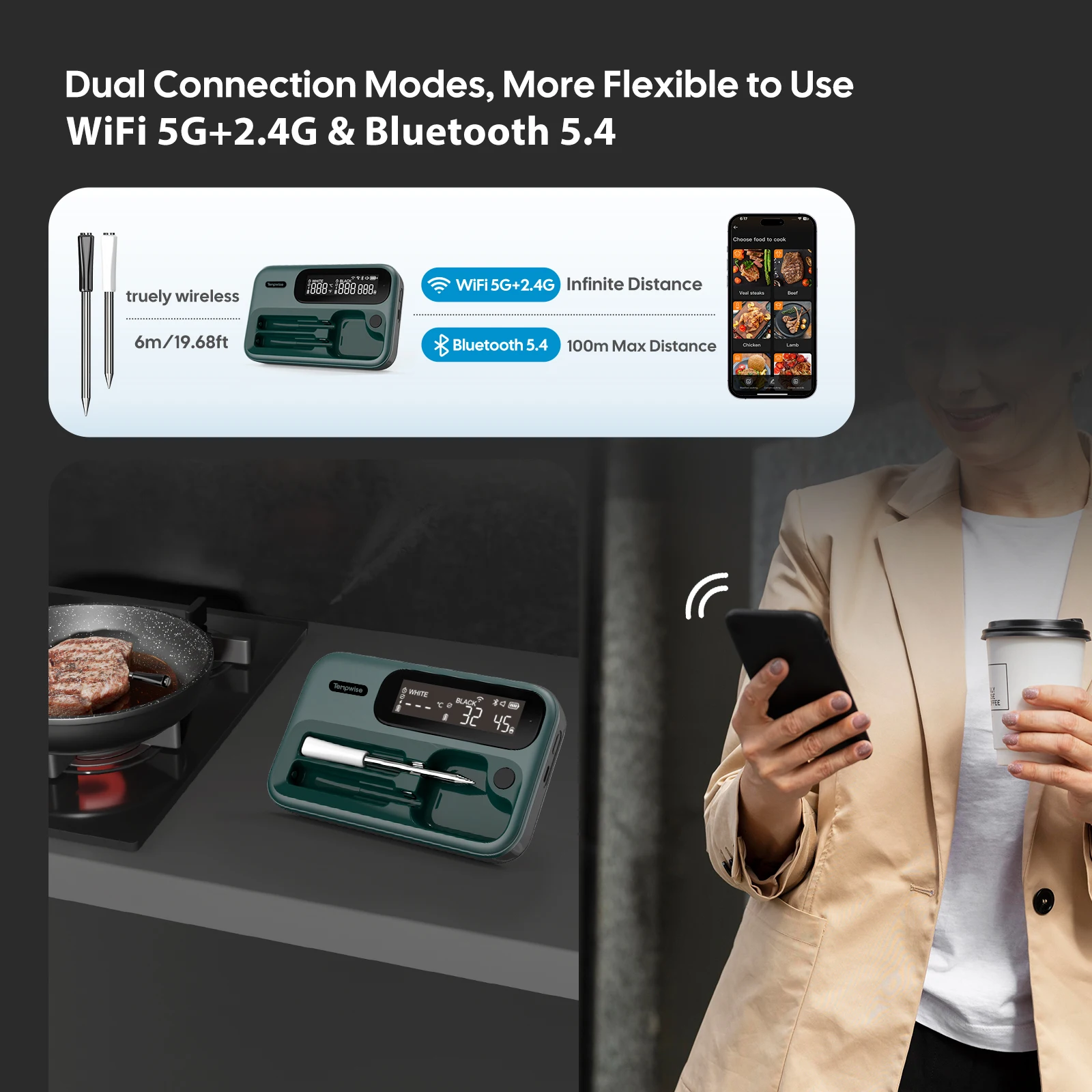 Умный термометр для духовки Tempwise с длинными и короткими зондами