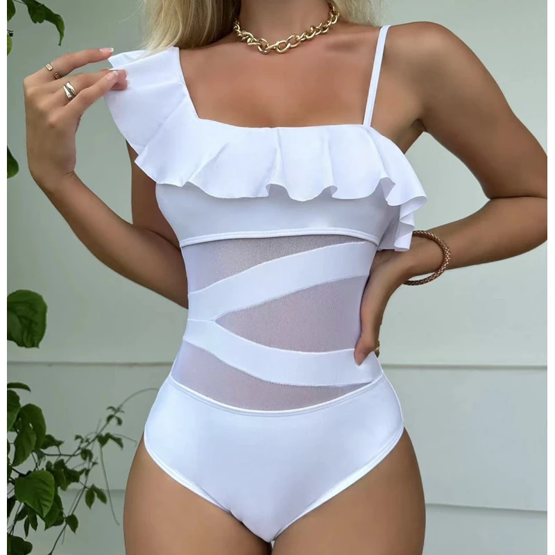 

Womens Sexy One Piece Bathing Suit Ruffle One Shoulder Monokini Swimsuits Contrast Mesh Swimwear