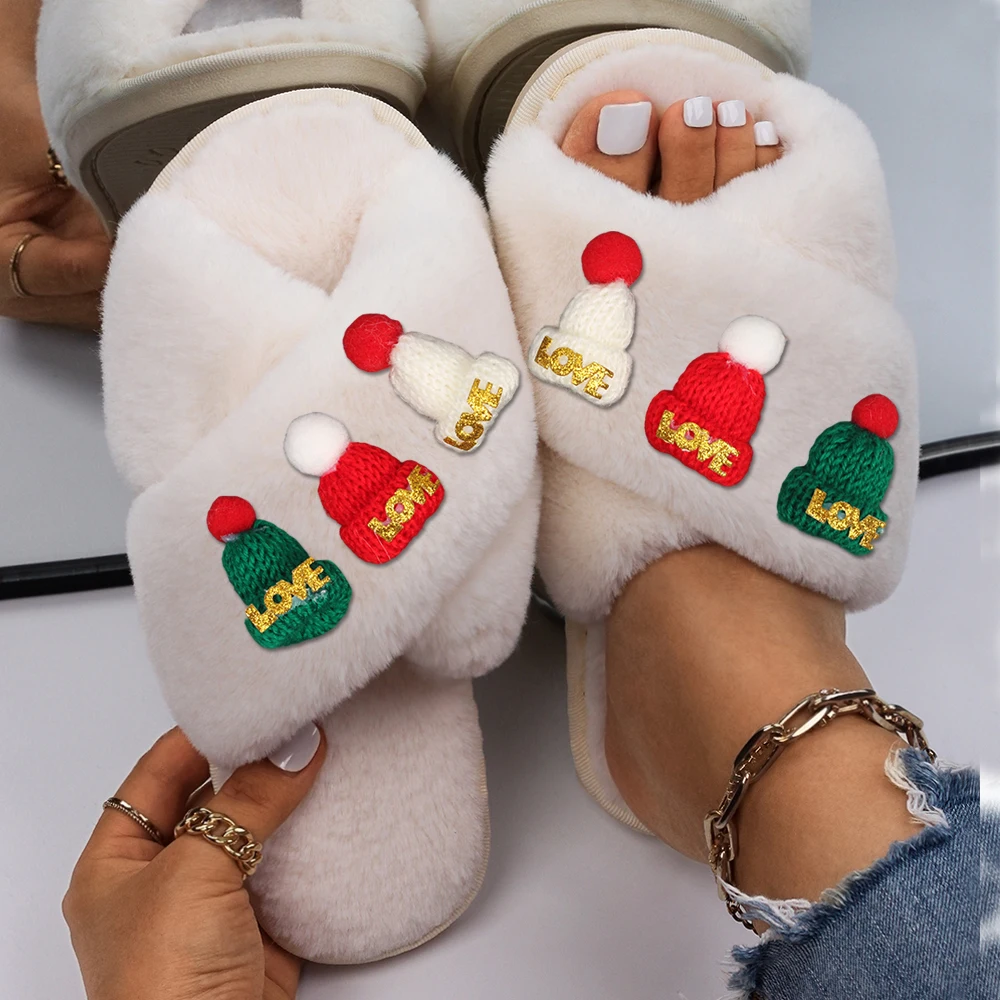 Slippers Women Fluffy Slides Cute Christmas Beanie Sandals Ladies Faux Fur Flip Flops Flat Indoor Slippers Furry Shoes 2022 New