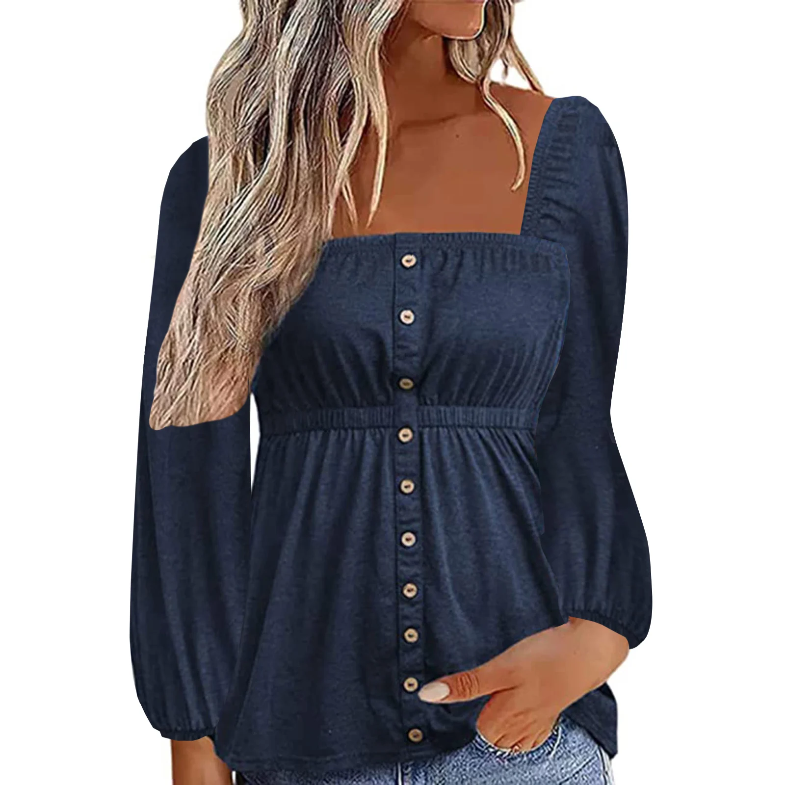 

Women's Spring Autumn Slim Fit Tops Solid Color Square Neck Button Long Sleeve T-shirt Korean Fashion Streetwear