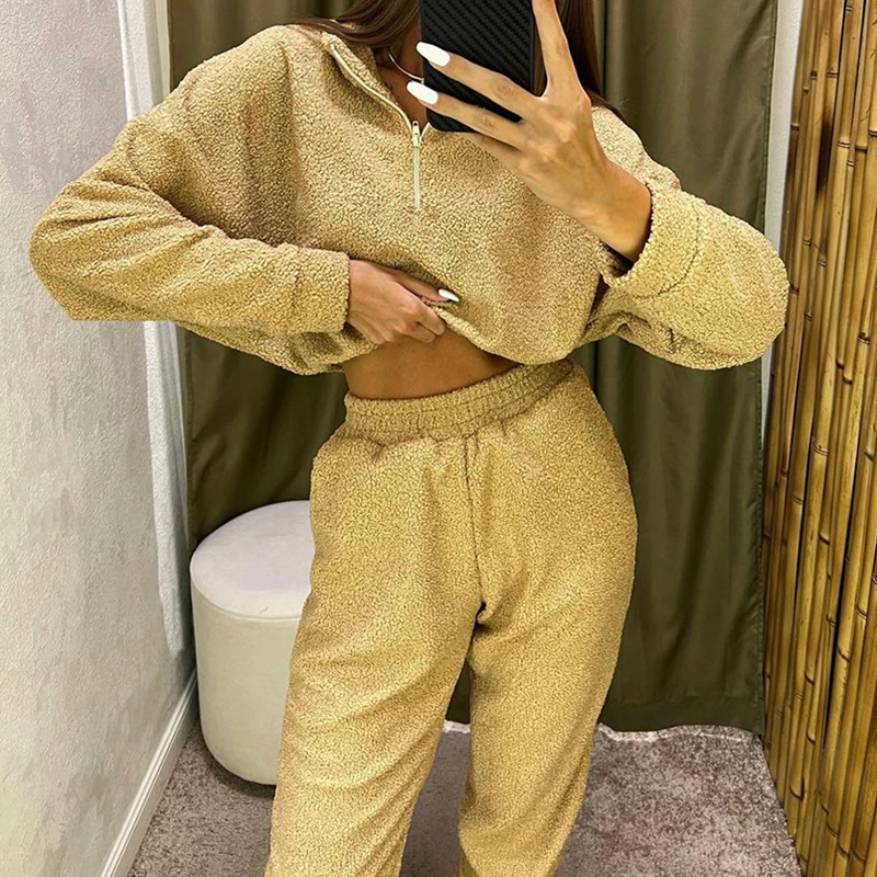 

Sportwear Zip Cropped Sweatshirt&Pants Outfits Women Casual Long Sleeve 2Pcs Autumn Winter Suit Elegant Solid Fleece Tracksuit