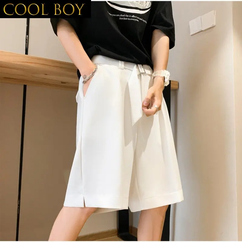 

J GIRLS 2022 Korean Style Black White Men Shorts Matching Belt Knee-length Sashes Solid Short Pants Casual Straight Bermuda