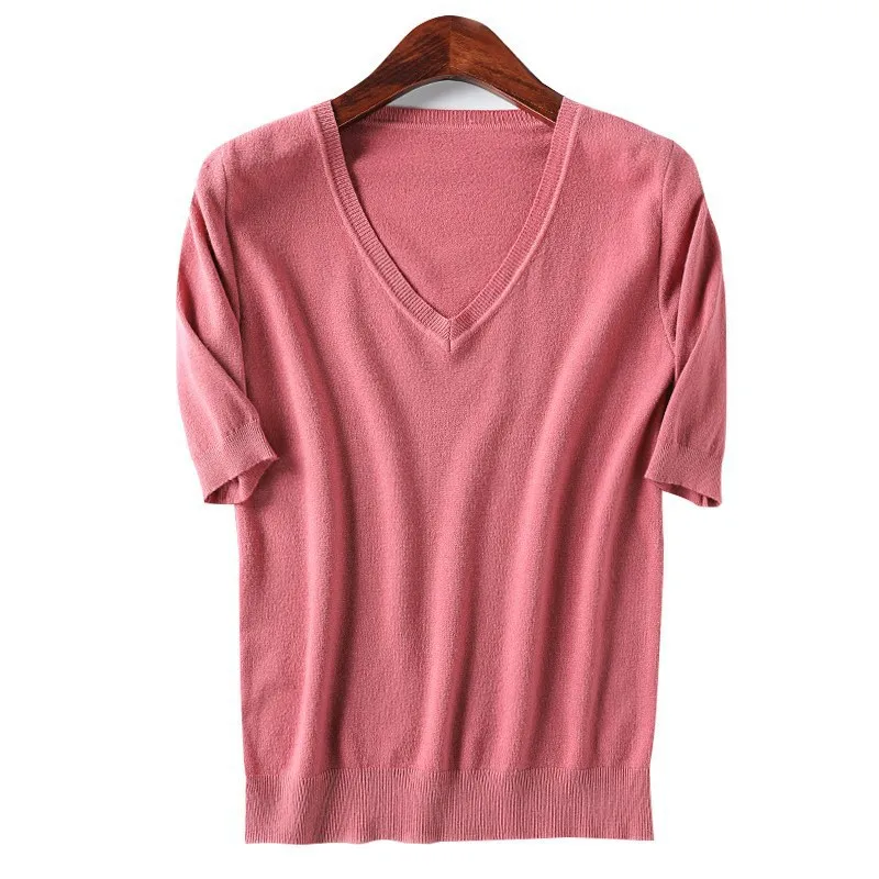 

2021 Spring Summer New Pullover Thin V-neck Sweater Women Short-sleeved Loose Knit Bottoming Shirt Short T-shirt Cute Tops