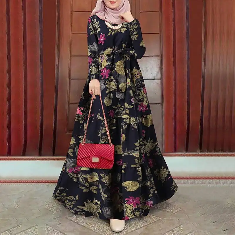 3XL Vintage Printed Sundress Women Muslim Dress 2022 Casual Floral Maxi Vestidos Female Dubai Turkey Abaya Hijab Robe Femme