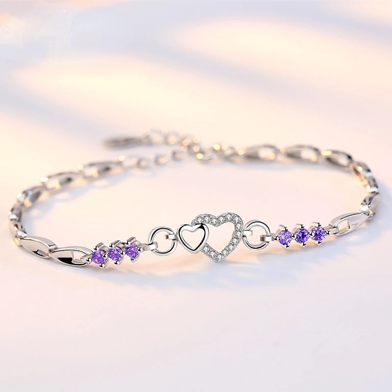 

New 925 Sterling Silver Bracelet Purple Crystal Zircon Heart For Woman Charm Bracelet Jewelry Gift