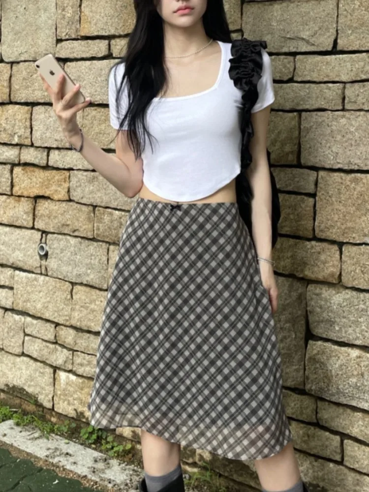 Юбка-миди Женская клетчатая в полоску свободная плиссированная юбка с