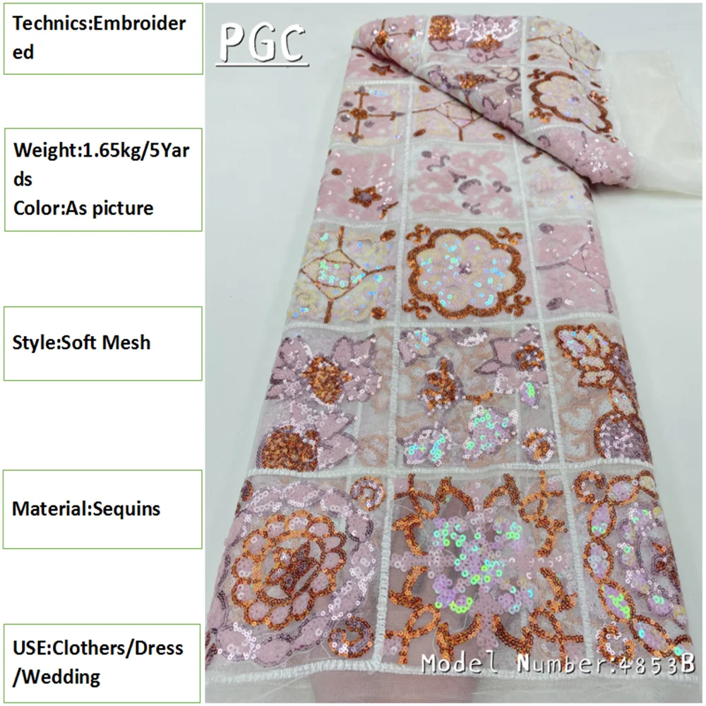 

PGC Luxury Sequins African Lace Fabric 5 Yards 2022 High Quality Nigerian Women Party Embroidery Lace Material For Wedding 4853B
