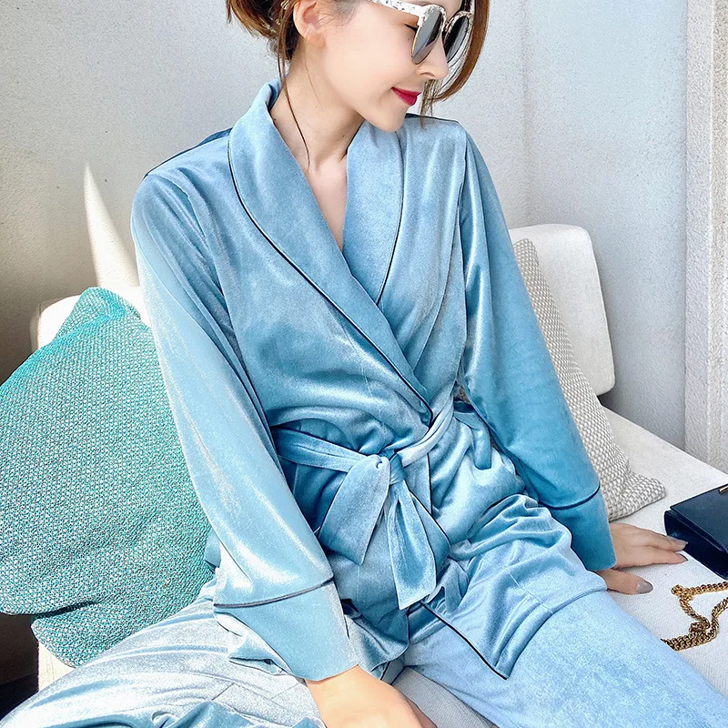 Women's 2PCS Outfits Golden Velvet Pyjamas With Belt Female Winter Nightwear Nightgown Set Fashion Sleepwear Homewear
