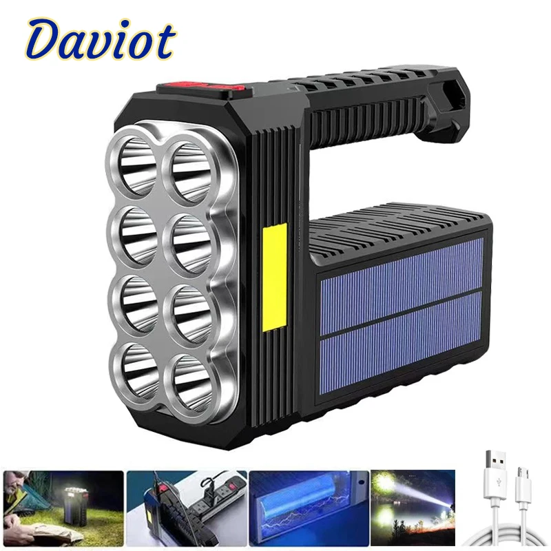 6/8LED Dual Light Source LED Flashlight Camping Work Light USB/Solar Charging Flashlights Searchlight Spotlight Waterproof Torch