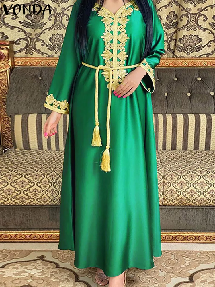 

Bohemian Autumn Long Sleeve Printed Maxi Dress VONDA Women Sexy V Neck Party Sundress 2022 Belted Casual Vintage Holiday Robe