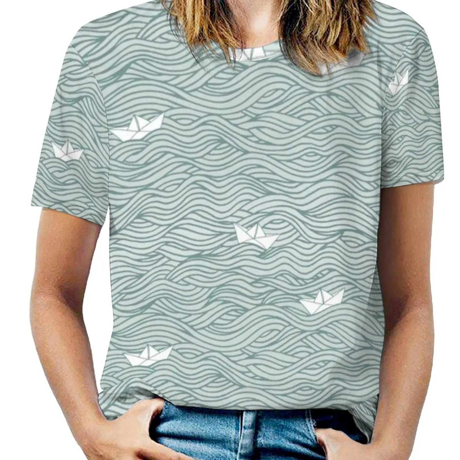 

Little Paperboats Fashion Print Women Ladies Girls T-Shirt Harajuku Round Neck Short Sleeve Tops & Tees Paperboat Waves Hand