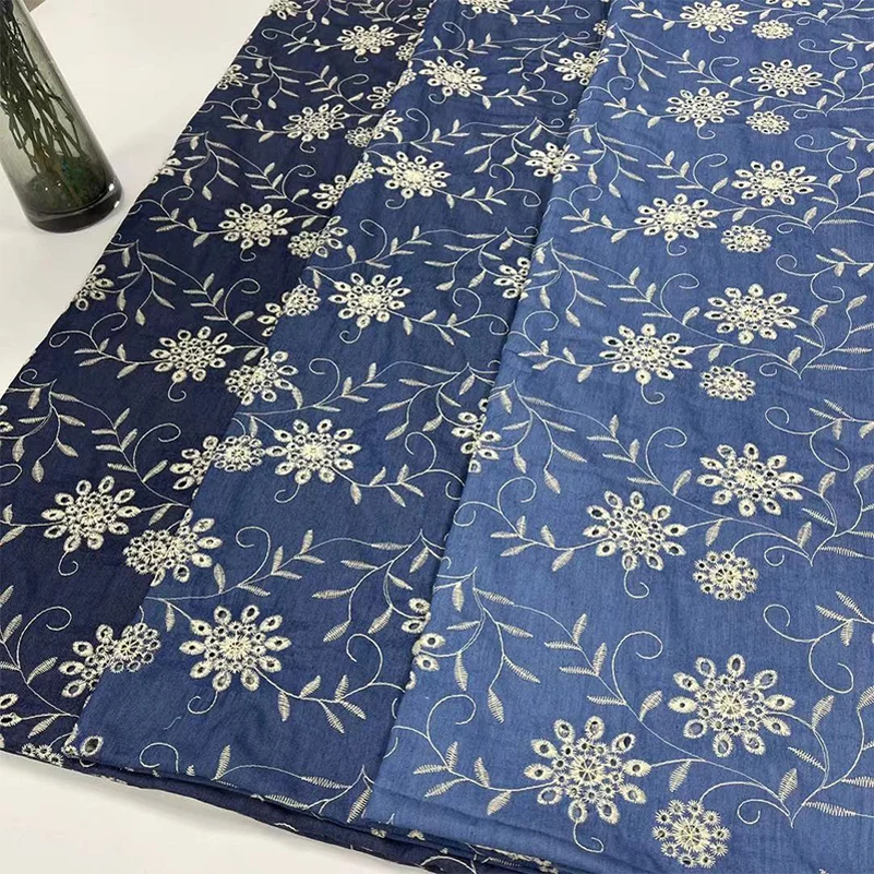 Denim Fabric Blue Thin Cotton Sunflower Embroidered Polyester Cotton No Elasticity per Half Meter