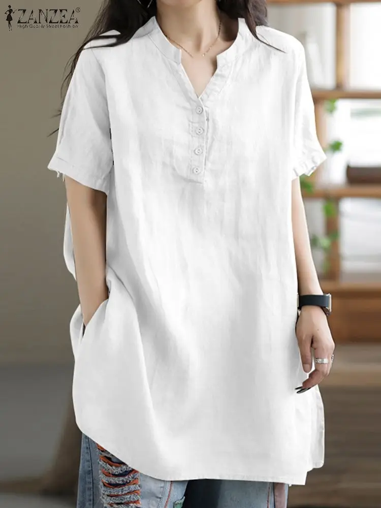 

ZANZEA Summer Blouse Women Short Sleeve Solid Loose Tops Causal Midi Long Shirt Stand Collar Button Female Blusas Chemise Baggy