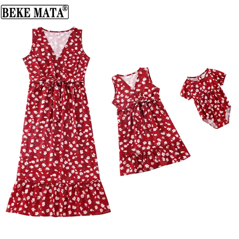 

BEKE MATA Mom And Daughter Dress Summer Floral Sleeveless Mother Kids Matching Clothes Family Look Mother And Baby Girl Outfit