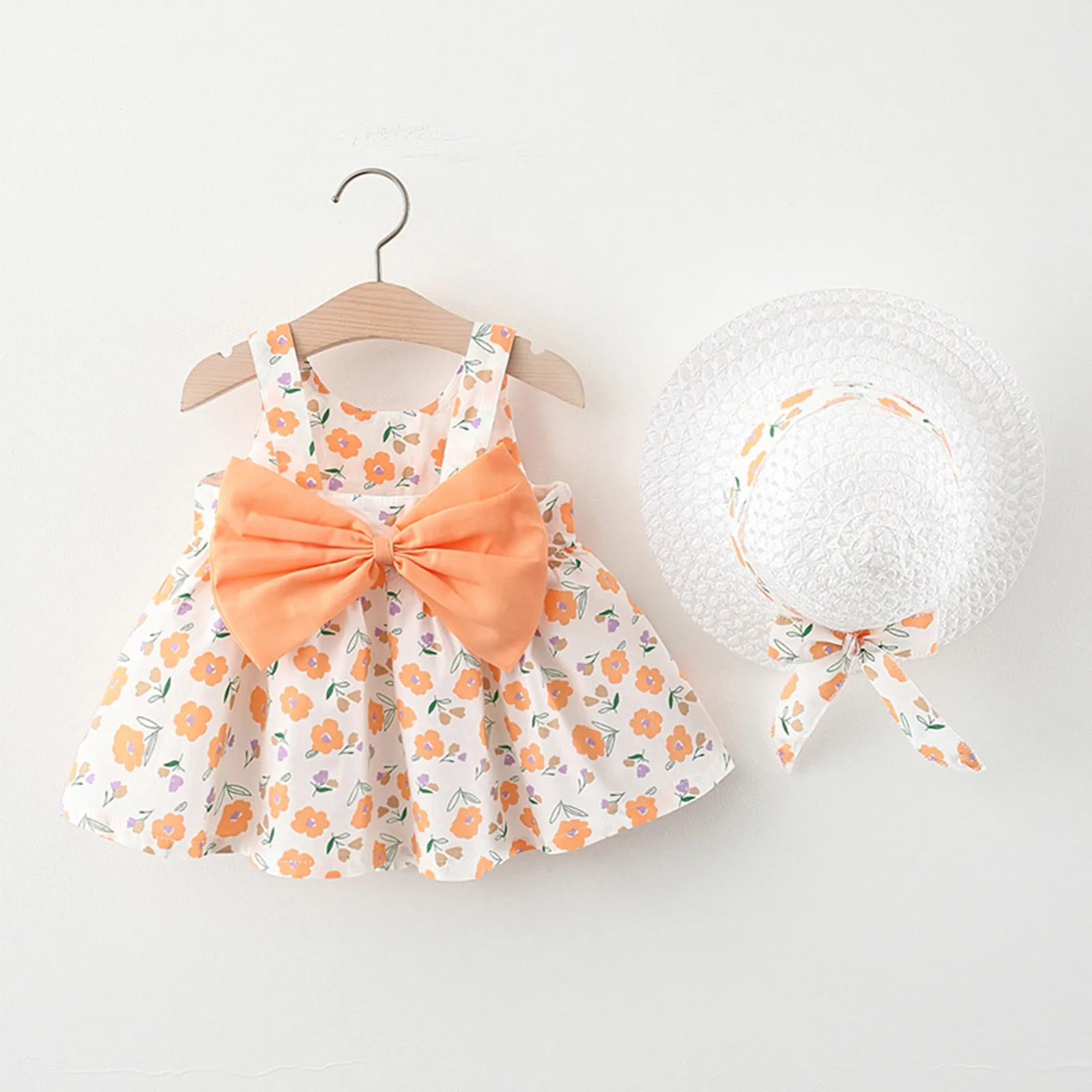 

Summer Girls Dress Toddler Kids Girls Cute Bowknot Princess Dresses Sleeveless Beach Sundress+Sun Hat Sets Girl Party Dresses
