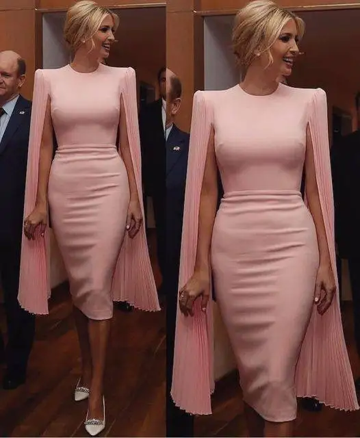 

Exquisite sheath Dress Ivanka Trump Capped Sleeves Long Shoulder Cape Jewel Round Collar Tea Length Evening Gown Vestido rosa