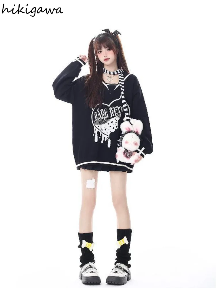 

Hikigawa Chic Fashion Women Sweet Cool Sailor Collar Broken Love Print Sweatshirts Streetwear Loose Oversizes Thicked Pull Femme