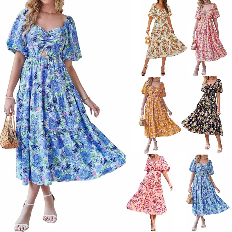 

2023 European and American women's new square neck bubble short sleeved back pleated printed dress