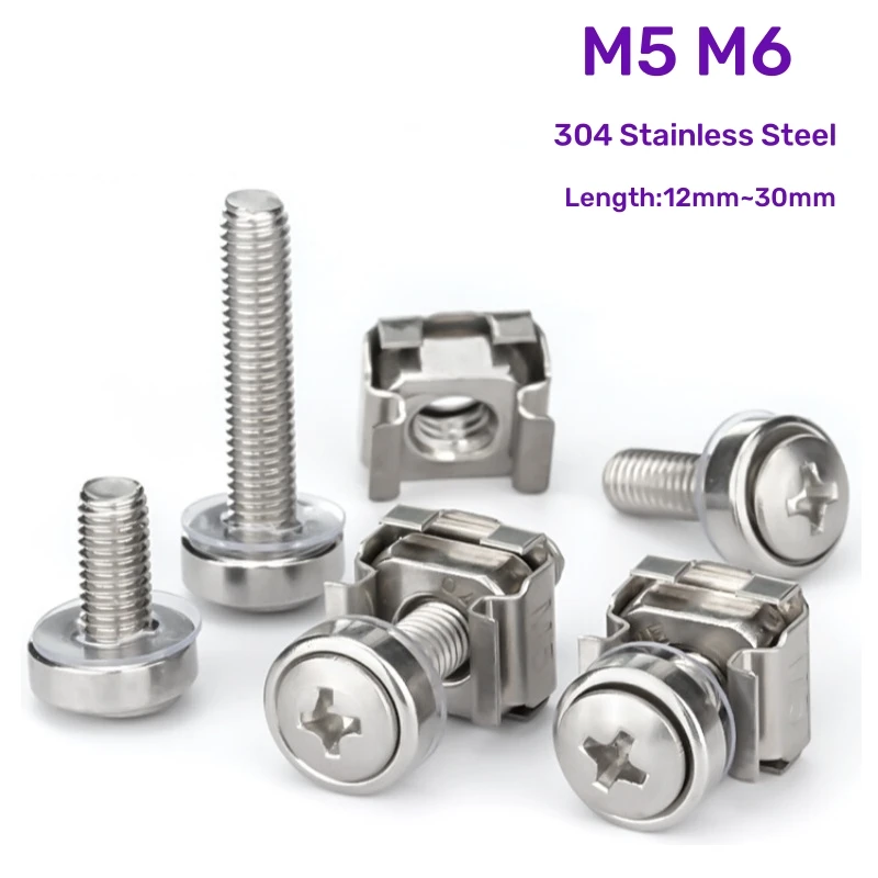 M5 M6 винты и гайки из нержавеющей стали 304 для крепления на стойке, винты и шайбы для крепления на стойке, болты, Длина шкафа 12 мм ~ 30 мм