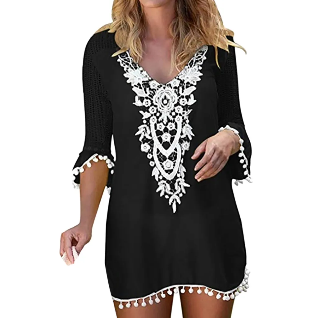 

Vintage Women Beach Dress Solid Mesh Cover-Ups Beachwear Ladies Pom Trim Tassel Swimwear Half Sleeve Bathing Cover Up for Women