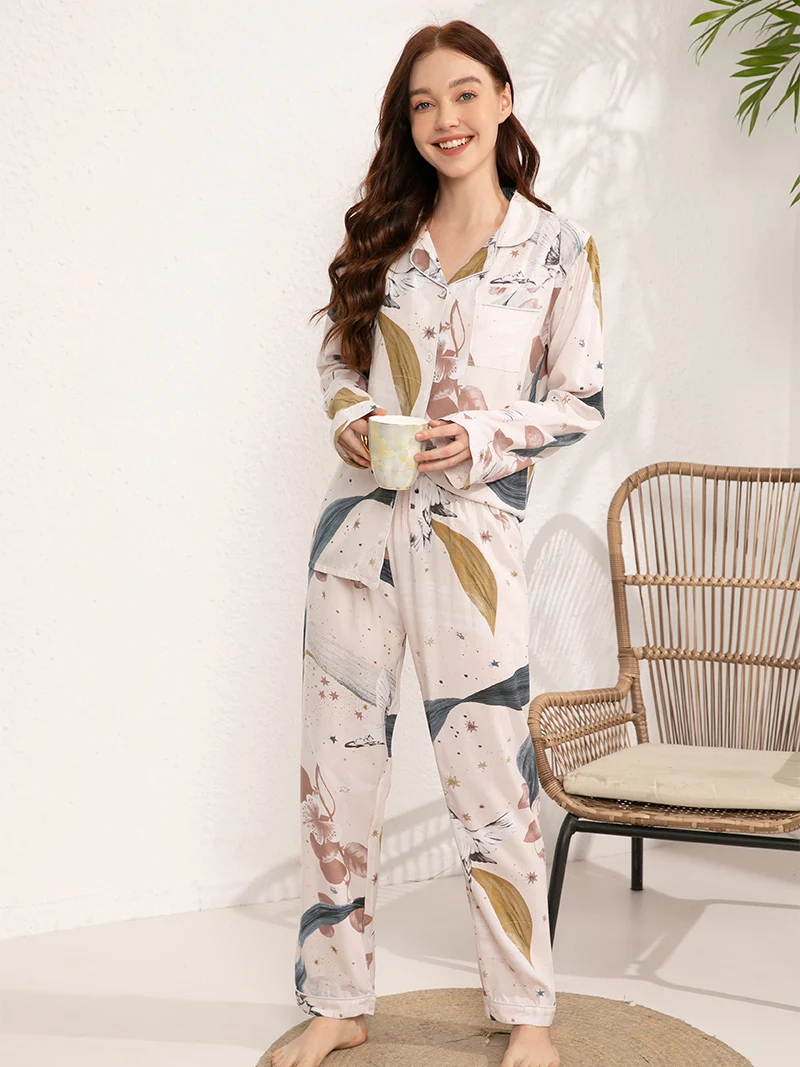 New 100% Viscose Long-sleeved Trousers Ladies Pajamas Suit 3XL Plus Size Long Sleepwear Leisure Homewear Women's Nightwear
